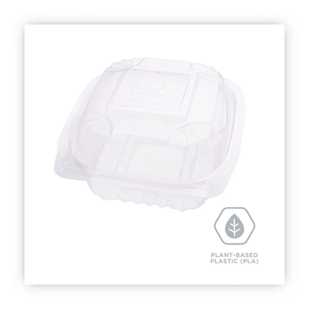Eco-Products EP-LC6 6 in. x 6 in. x 3 in. Renewable and Compostable Plastic Clamshell Hinged Food Containers - Clear (240/Carton)