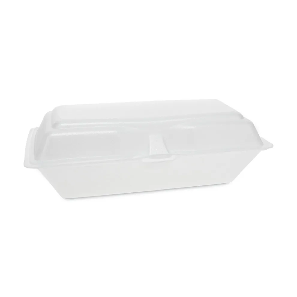 Pactiv Corp. 9.75 in. x 5 in. x 3.25 in. Foam Hinged Lid Containers - White (560/Carton)