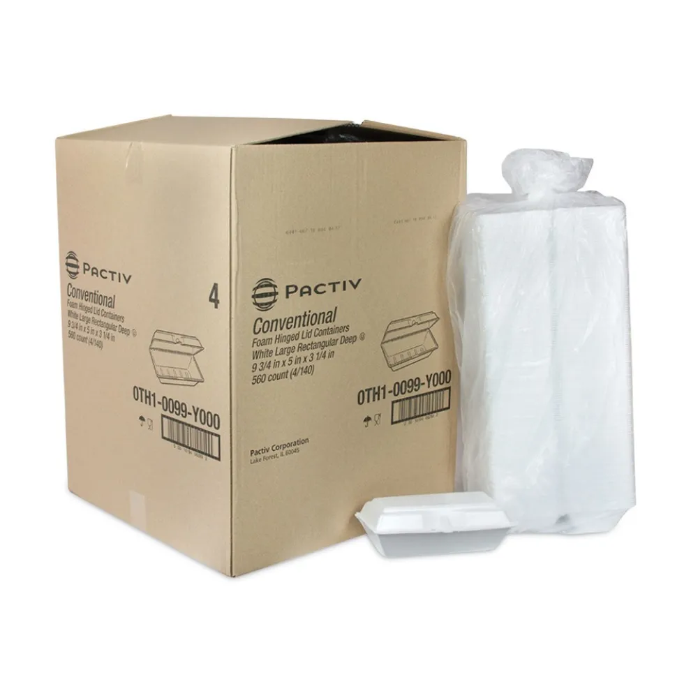 Pactiv Corp. 9.75 in. x 5 in. x 3.25 in. Foam Hinged Lid Containers - White (560/Carton)