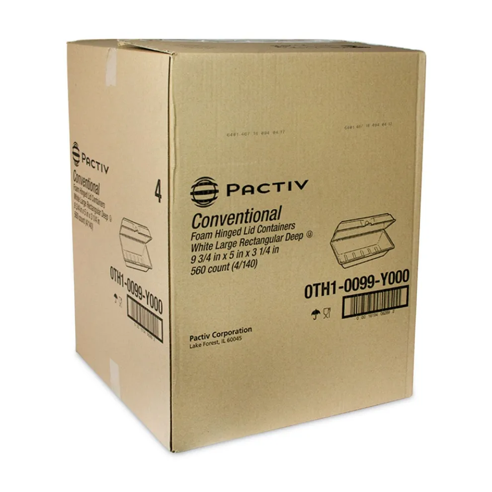 Pactiv Corp. 9.75 in. x 5 in. x 3.25 in. Foam Hinged Lid Containers - White (560/Carton)