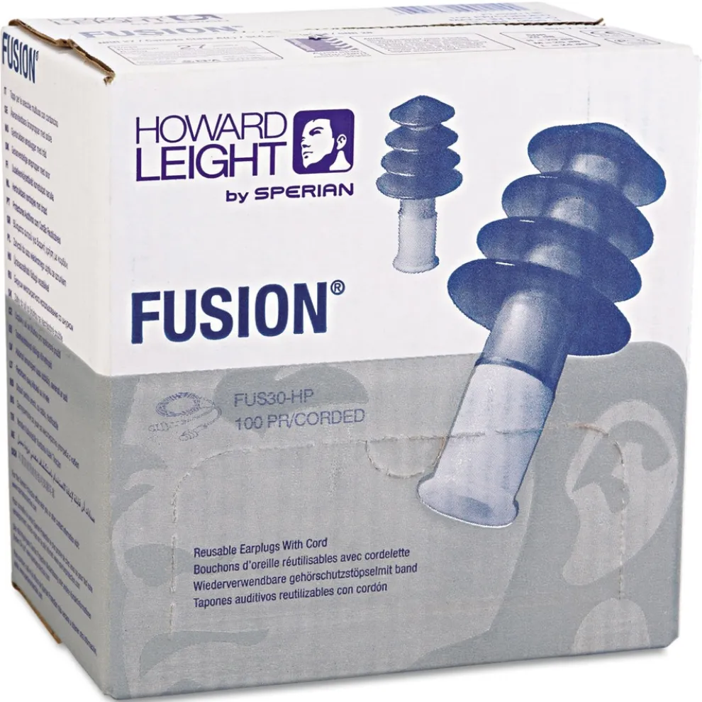 Howard Leight by Honeywell FUS30-HP 100-Pair Fusion 27 dB Corded Multiple-Use Earplugs - Blue/White, Regular