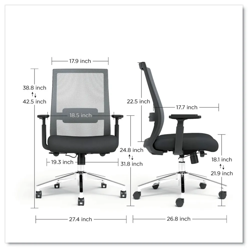 Alera 18.15 in. to 21.89 in. Seat Height Supports 275 lbs. Ashdale Ergonomic Fabric Swivel Task Chair - Black Seat/Back, Silver Base