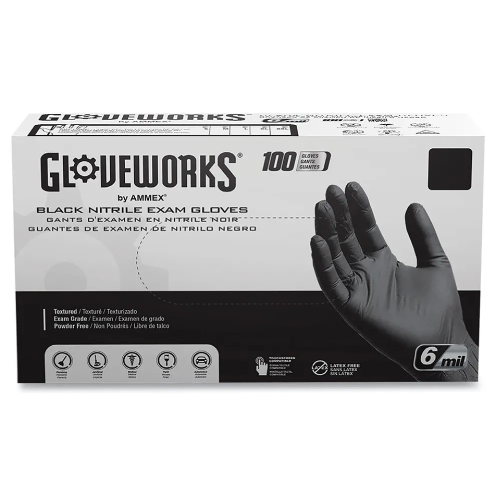 Ammex 6 mil Powder-Free Nitrile Exam Gloves - Small, Black (1000/Carton)