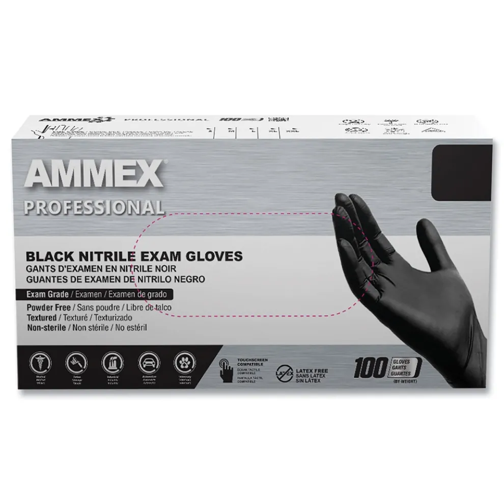 Ammex Nitrile Exam Gloves, Powder-Free, 3 mil, Small, Black, 100/Box, 10 Boxes/Carton