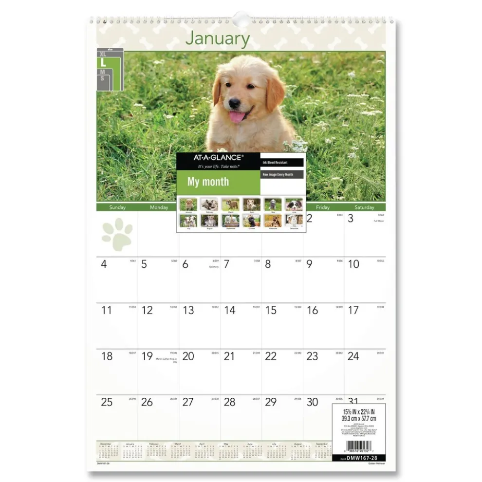 AT-A-GLANCE 12-Month (Jan to Dec): 2026 15.5 in. x 22.75 in. Puppies Photography Puppies Monthly Wall Calendar - White/Multicolor Sheets