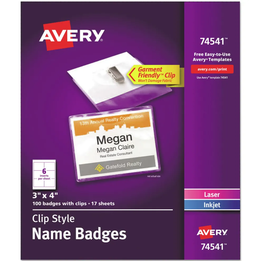 Avery 4 x 3 Top-Load Clip-Style Name Badge Holder with Laser/Inkjet Insert - White (100/Box)