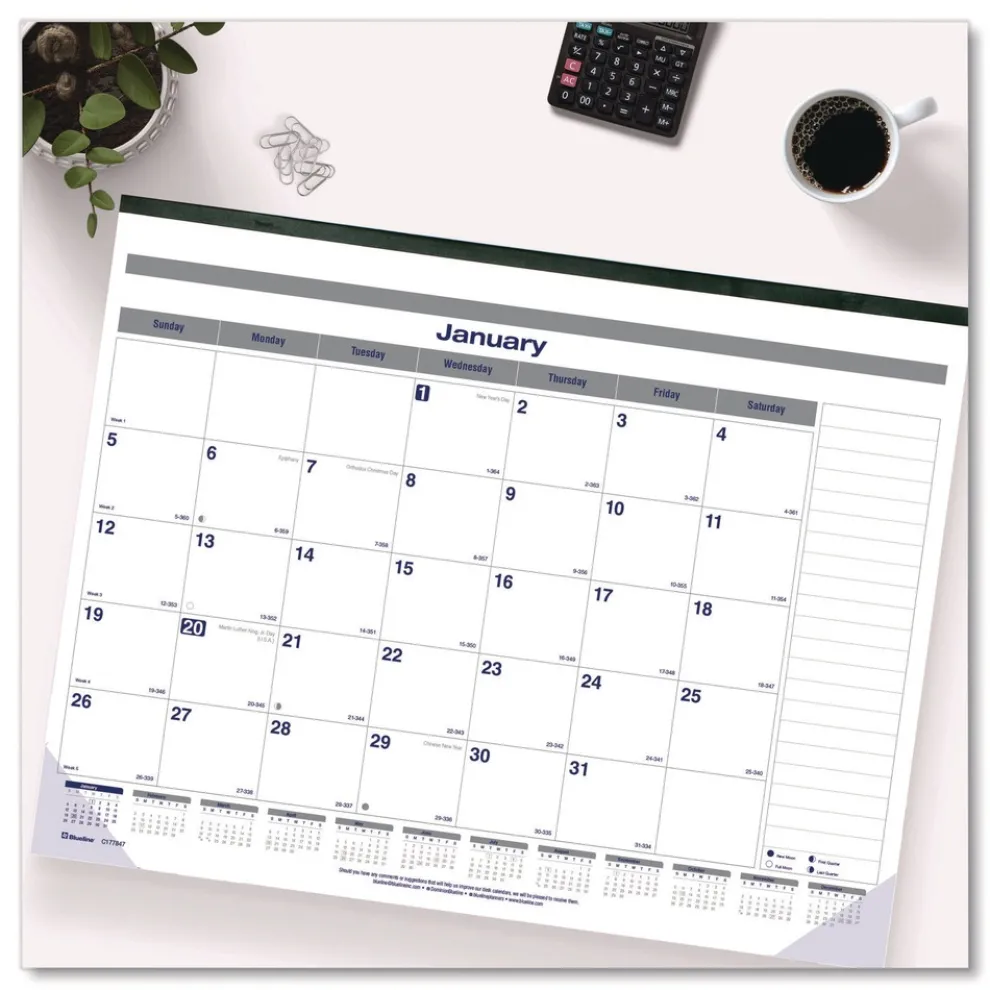 Blueline 12-Month (Jan to Dec): 2026 22 in. x 17 in. Net Zero Carbon Monthly Desk Pad Calendar - White/Gray/Blue Sheets, Black Binding