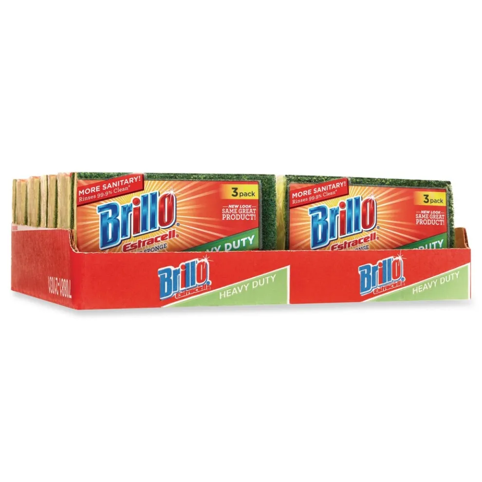 Brillo Estracell 4.5 in. x 2.75 in. Heavy-Duty Scrub Sponge - Yellow/Green (8/Carton)
