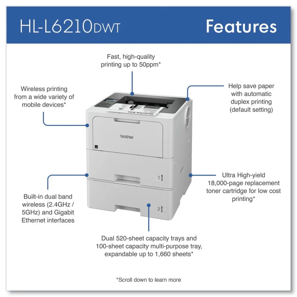 Brother Business Monochrome Laser Printer with Dual Paper Trays