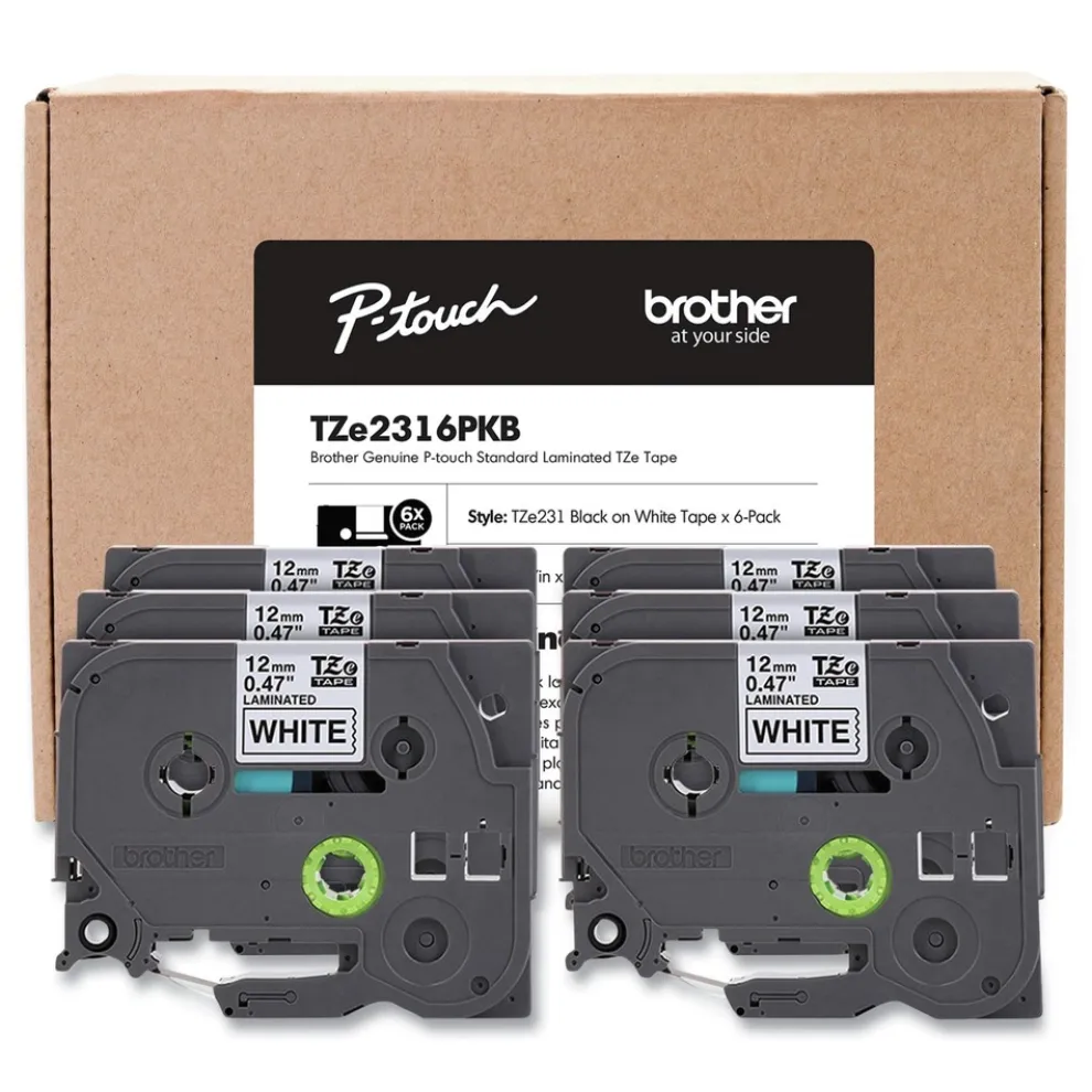 Brother P-Touch 0.5 in. TZe Series Standard Adhesive Laminated Labeling Tape - Black on White (6/Pack)