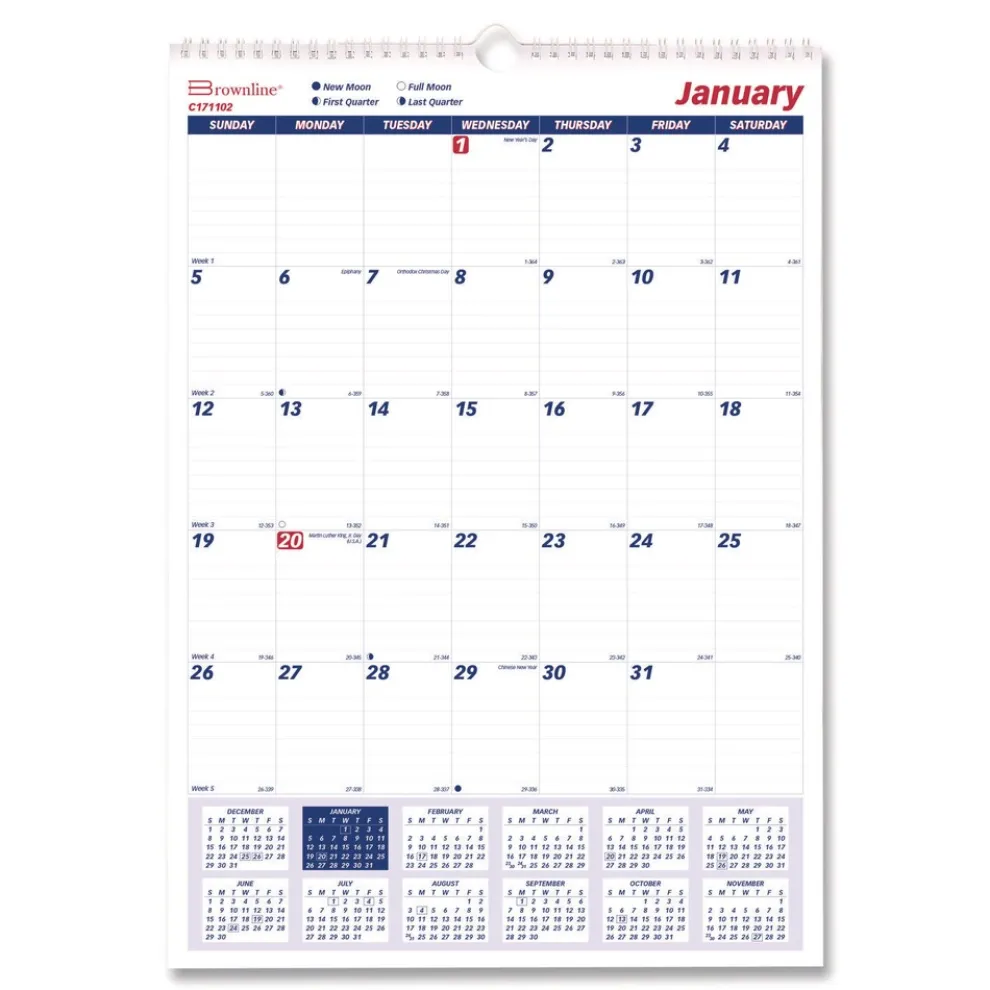 Brownline 12-Month (Jan to Dec): 2026 12 in. x 17 in. One Month Per Page Twin-Wirebound Wall Calendar - White/Blue Sheets