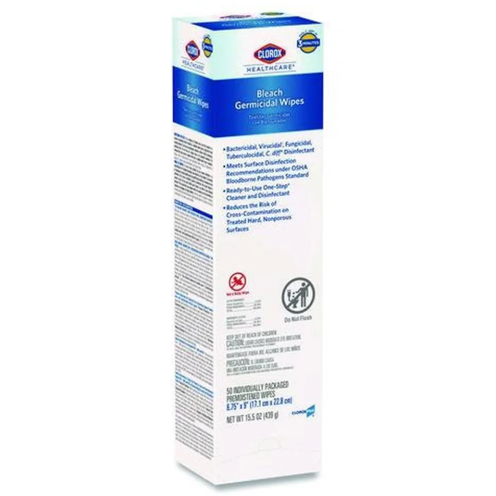 Clorox Healthcare 6.75 in. x 9 in. 1-Ply Individual Bleach Germicidal Wipes - Unscented White (6/Carton)