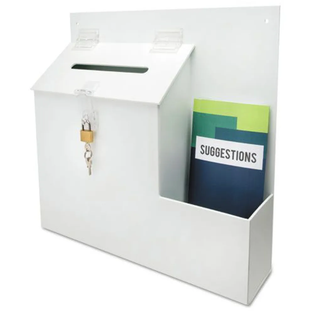 Deflecto 13.75 x 3.63 x 13.94 Plastic Suggestion Box Literature Holder with Locking Top - White
