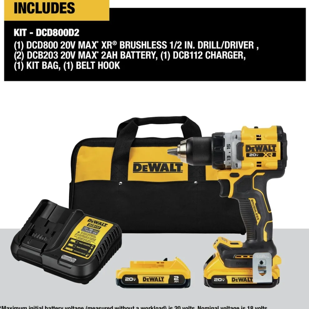 Dewalt 20V MAX XR Brushless Lithium-Ion 1/2 in. Cordless Drill Driver Kit with 2 Batteries (2 Ah)