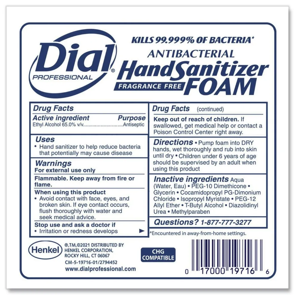 Dial Professional 1.2 Liter Antibacterial Foaming Hand Sanitizer Refill for Dial 1700 Dispenser - Fragrance-Free (3/Carton)