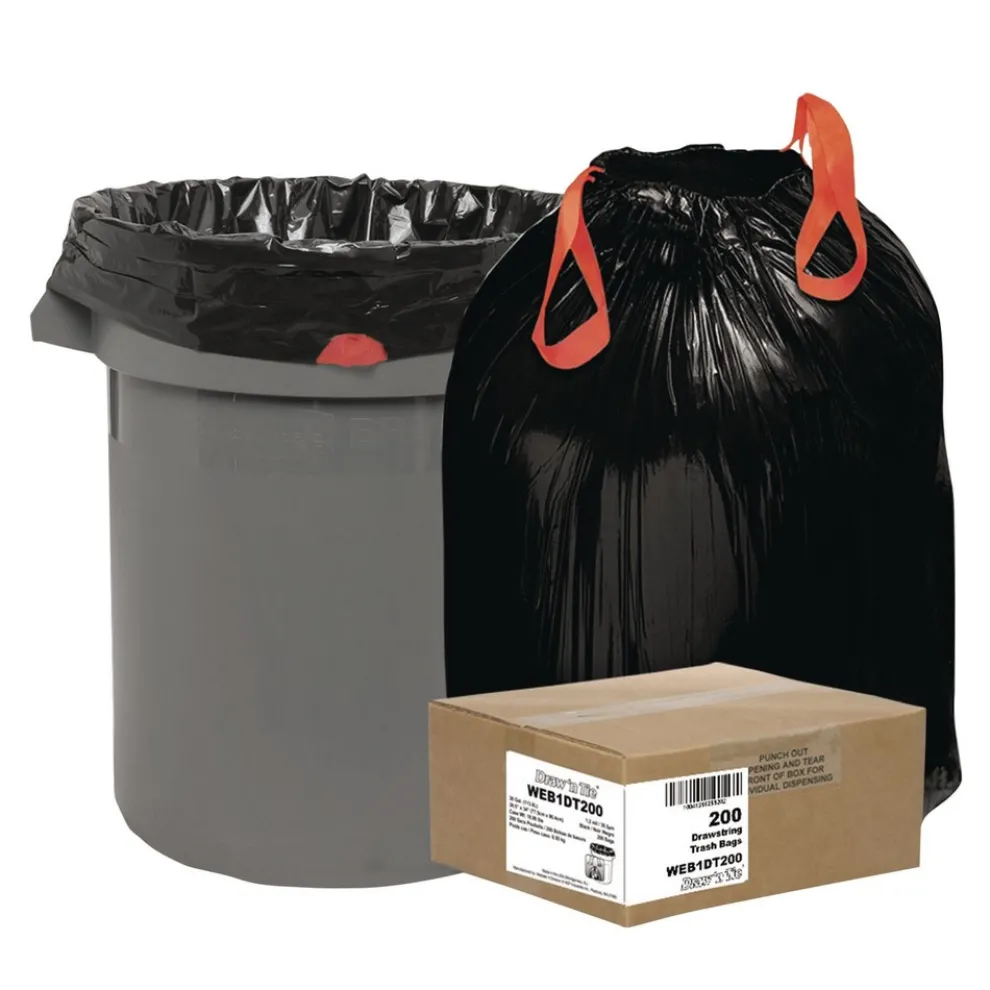 Draw 'n Tie 30.5 in. x 33 in. 30 Gallon 1.2 mil Heavy-Duty Trash Bags - Black (200/Box)