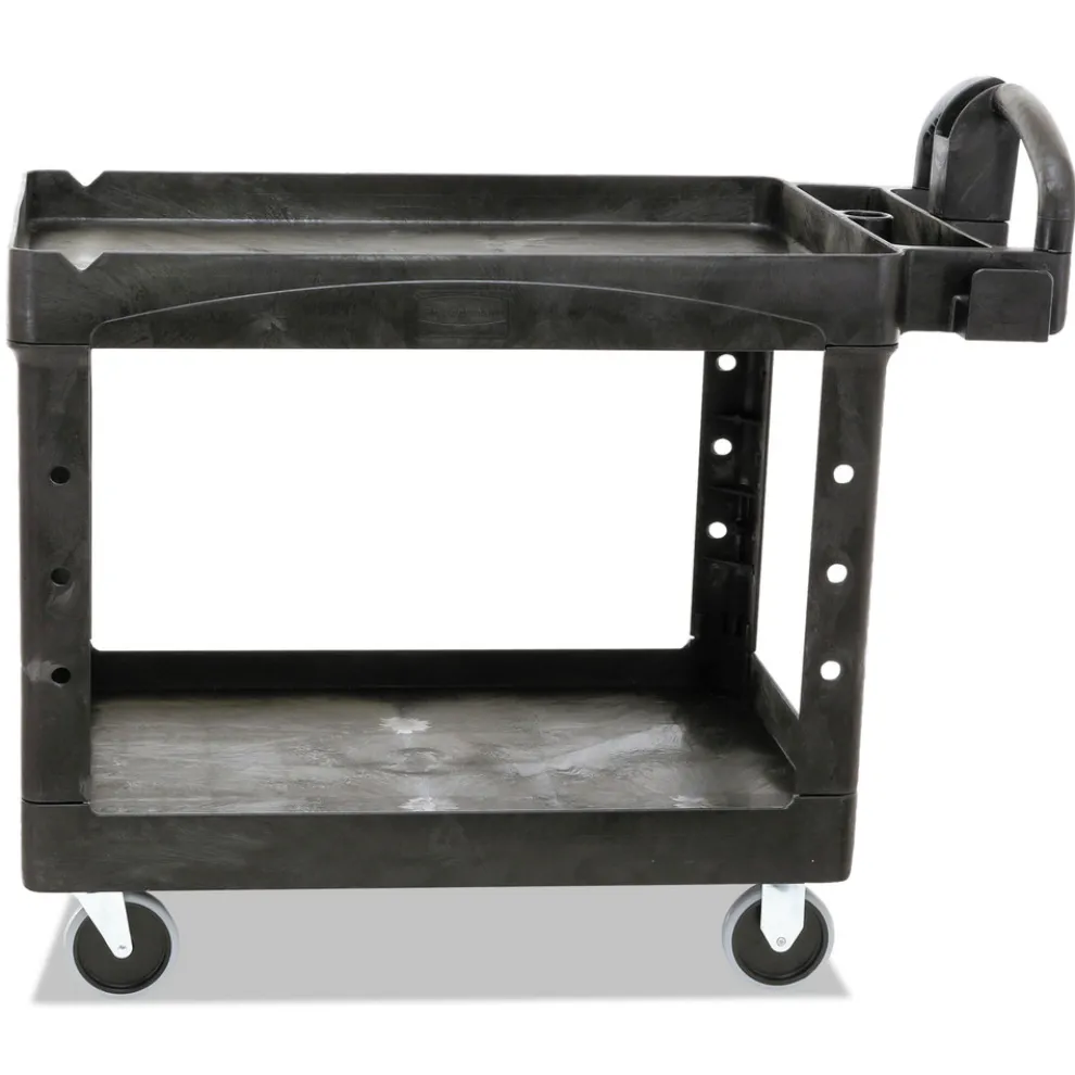 Rubbermaid Commercial 25.9 in. x 45.2 in. x 32.2 in. 500 lbs. Capacity 2 Lipped Shelves Heavy-Duty Plastic Utility Cart - Black