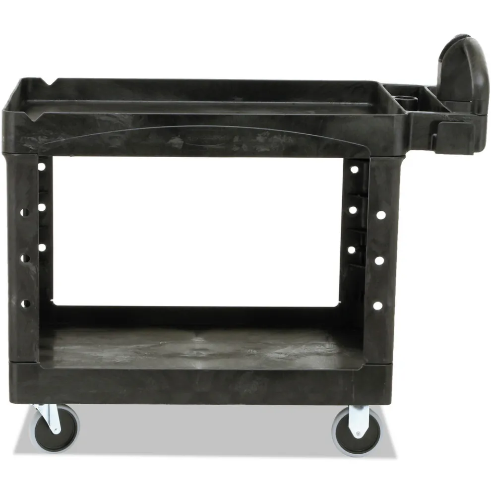 Rubbermaid Commercial 25.9 in. x 45.2 in. x 32.2 in. 500 lbs. Capacity 2 Lipped Shelves Heavy-Duty Plastic Utility Cart - Black