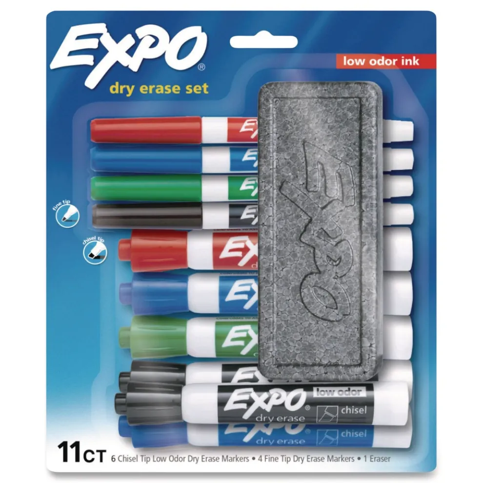 EXPO Low-Odor Dry Erase 10-Color Marker and Eraser Set Broad Chisel/Fine Bullet Tips Assorted Colors 11 Pieces/Set