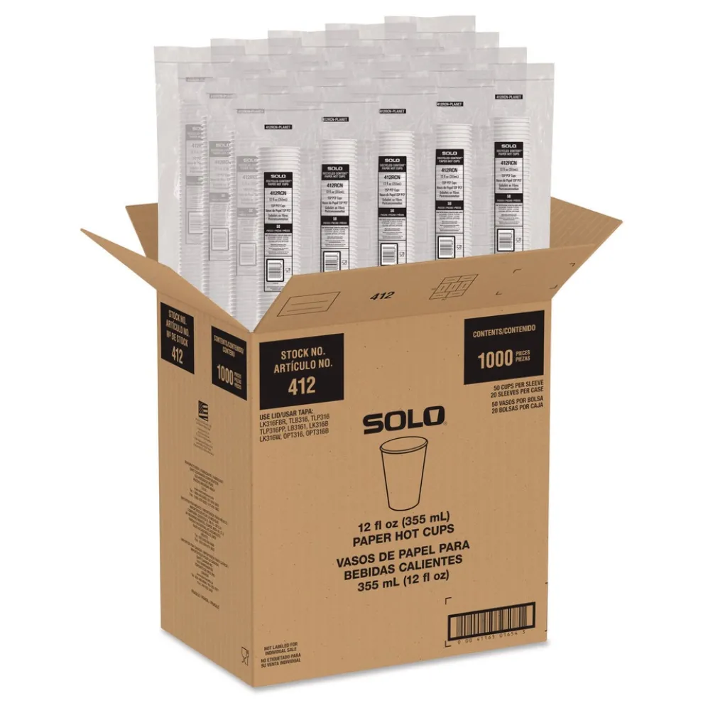 SOLO Recycled Content PCF Paper Hot Cups ProPlanet Seal 12 oz White/Blue (1000/Carton)