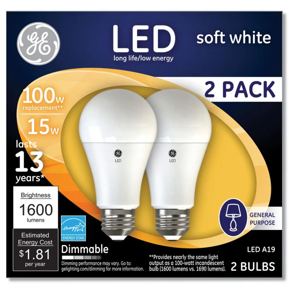 GE 15 Watts/100 Watts A19 LED Bulbs - Soft White (2/Pack)