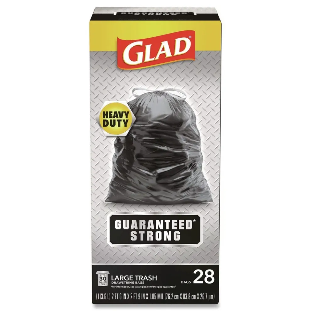 Glad 30 in. x 33 in. 1.05 mil 30 Gallon Three-Ply Drawstring Trash Bags - Black/Large (28/Box)