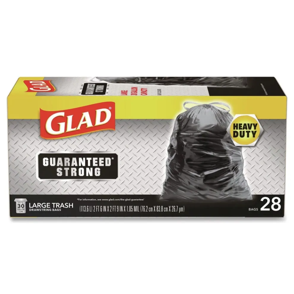 Glad 30 in. x 33 in. 1.05 mil 30 Gallon Three-Ply Drawstring Trash Bags - Black/Large (28/Box)