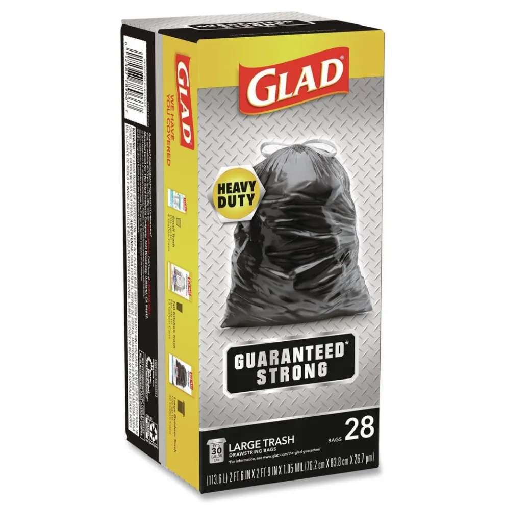 Glad 30 in. x 33 in. 1.05 mil 30 Gallon Three-Ply Drawstring Trash Bags - Black/Large (28/Box)