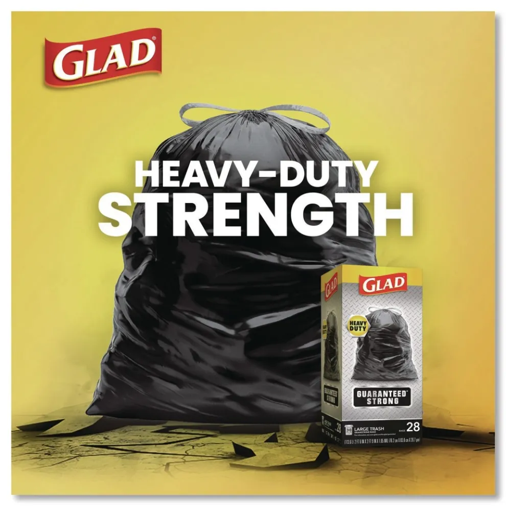 Glad 30 in. x 33 in. 1.05 mil 30 Gallon Three-Ply Drawstring Trash Bags - Black/Large (28/Box)