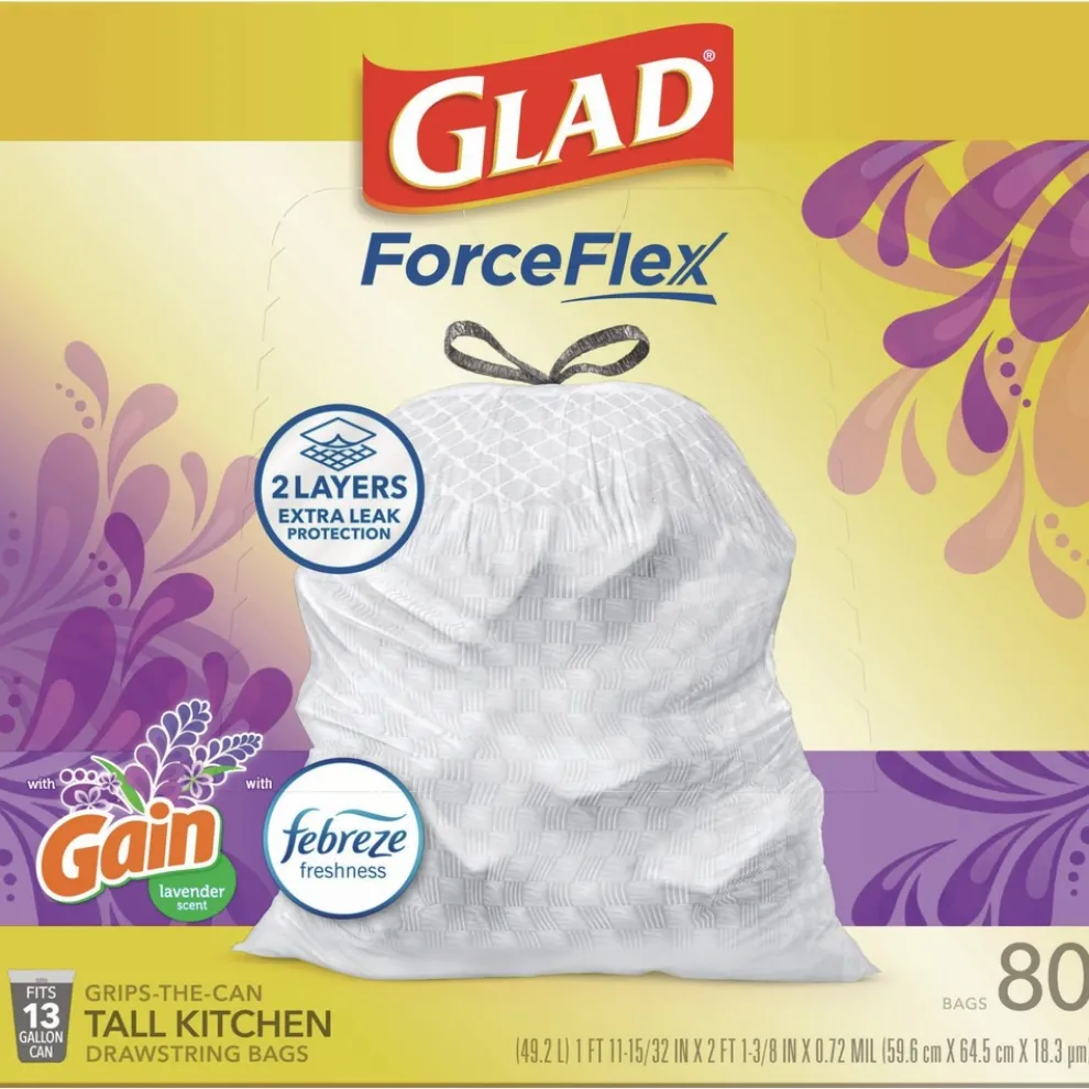 Glad ForceFlex 24 in. x 27.38 in. 13 Gallon Kitchen Drawstring Trash Bags - Gain Lavender Scent/White (240/Carton)