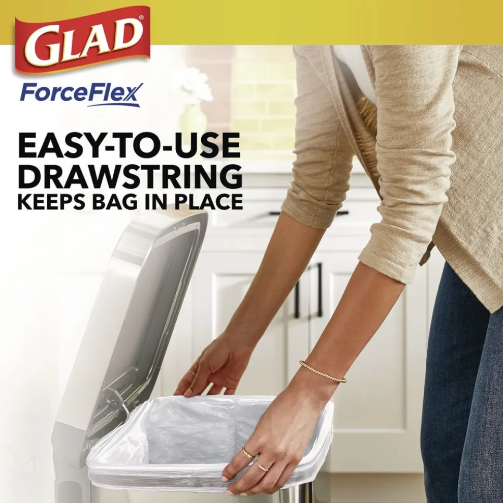 Glad ForceFlex 24 in. x 27.38 in. 13 Gallon Kitchen Drawstring Trash Bags - Gain Lavender Scent/White (240/Carton)