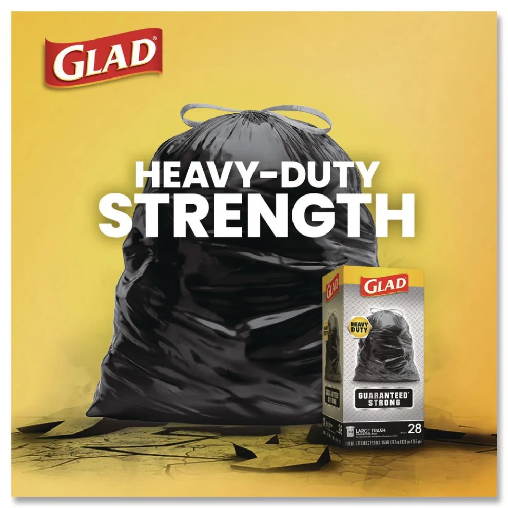 Glad Guaranteed Strong 30 in. x 33 in. 1.05 mil 30 Gallon Three-Ply Large Drawstring Trash Bags - Black (168/Carton)