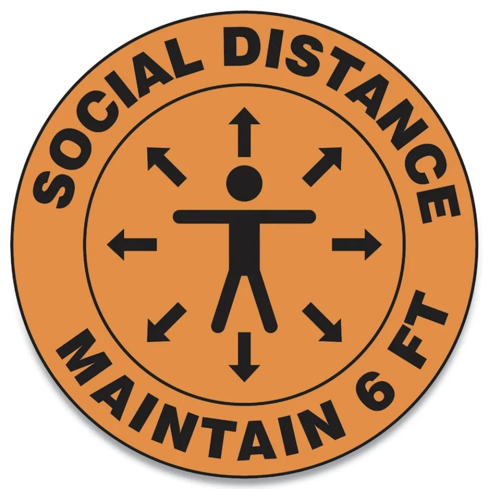 GN1 17 in. Circle "Social Distance Maintain 6 ft." Human/Arrows Slip-Gard Social Distance Floor Signs - Orange (25/Pack)