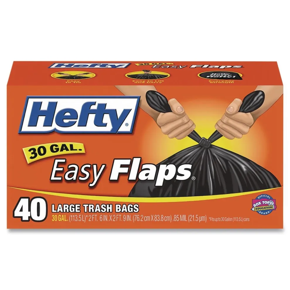 Hefty E27744 30 in. x 33 in. 30-Gallon 0.85 mil Easy Flaps Trash Bags - Black (40/Box, 6 Boxes/Carton)
