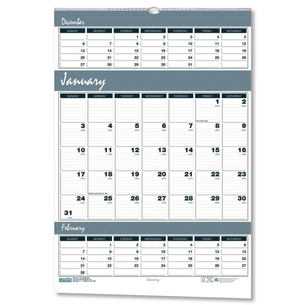 House of Doolittle 14-Month: Dec 2025 to Jan 2027 15.5 in. x 22 in. Bar Harbor Recycled Wirebound 3-Months-Per-Page Wall Calendar - White/Blue/Gray
