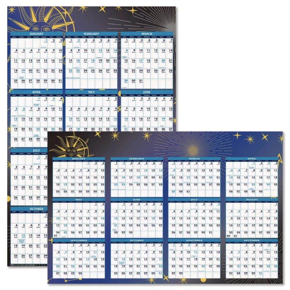 House of Doolittle 24 in. x 37 in. 12-Month (Jan-Dec 2026) Recycled Stargazer Laminated Wall Planner - White/Blue/Gold Sheets