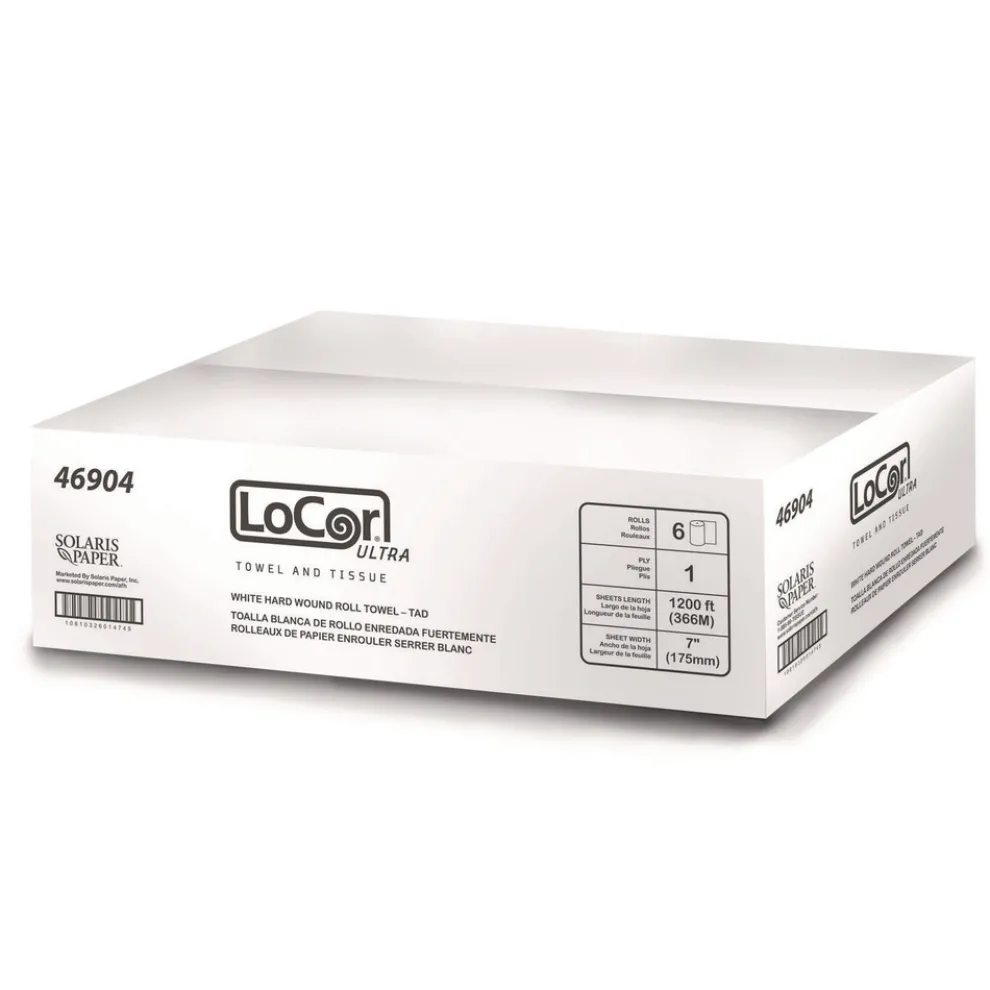 LoCor 7 in. x 1,200 ft. 1-Ply Hard Wound TAD Roll Towel - White (6/Carton)