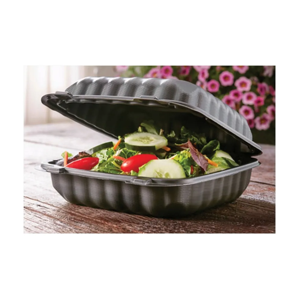 Pactiv Corp. 8.31 in. x 8.35 in. x 3.1 in. EarthChoice SmartLock Microwavable MFPP Plastic Hinged Lid Container - Black (200/Carton)