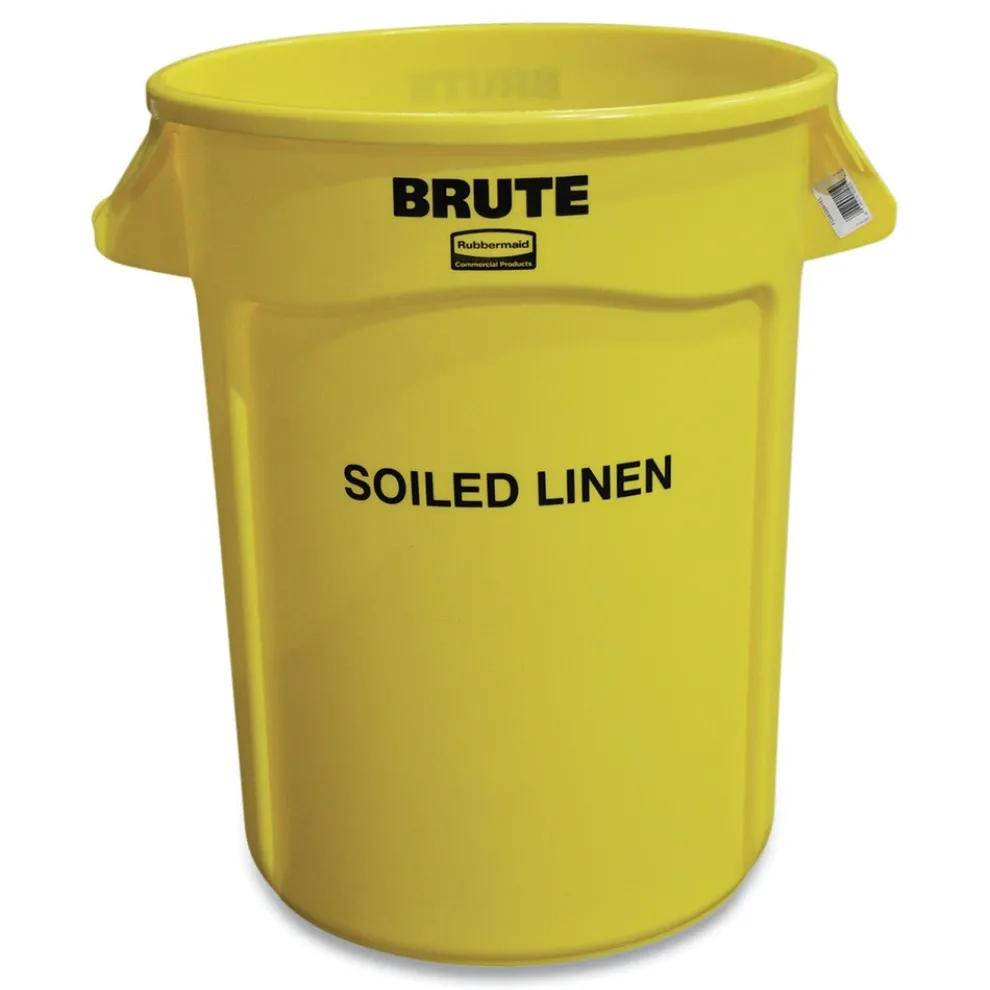 Rubbermaid Commercial Brute 32 gal (Soiled Linen) Imprint Plastic Vented Container - Round Yellow