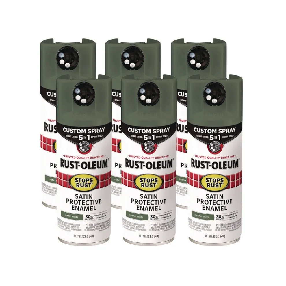 Rust-Oleum Stops Rust 5-in-1 Spray Paint, Satin Earthy Green, 12 oz Aerosol Can, 6/Carton