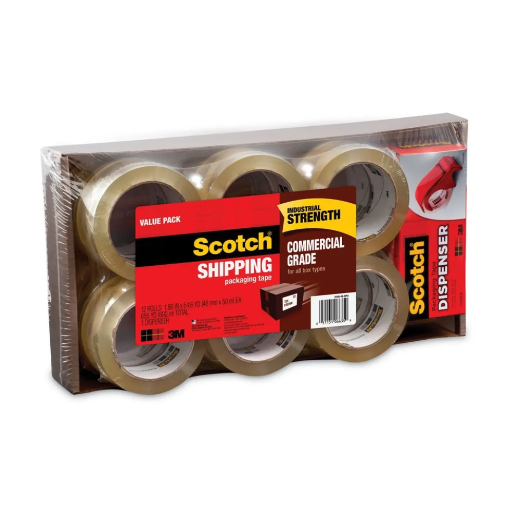 Scotch 3 in. Core, 1.88 in. x 54.6 Yards 3750 Commercial Grade Packaging Tape with DP 300 Dispenser - Clear (12/Pack)