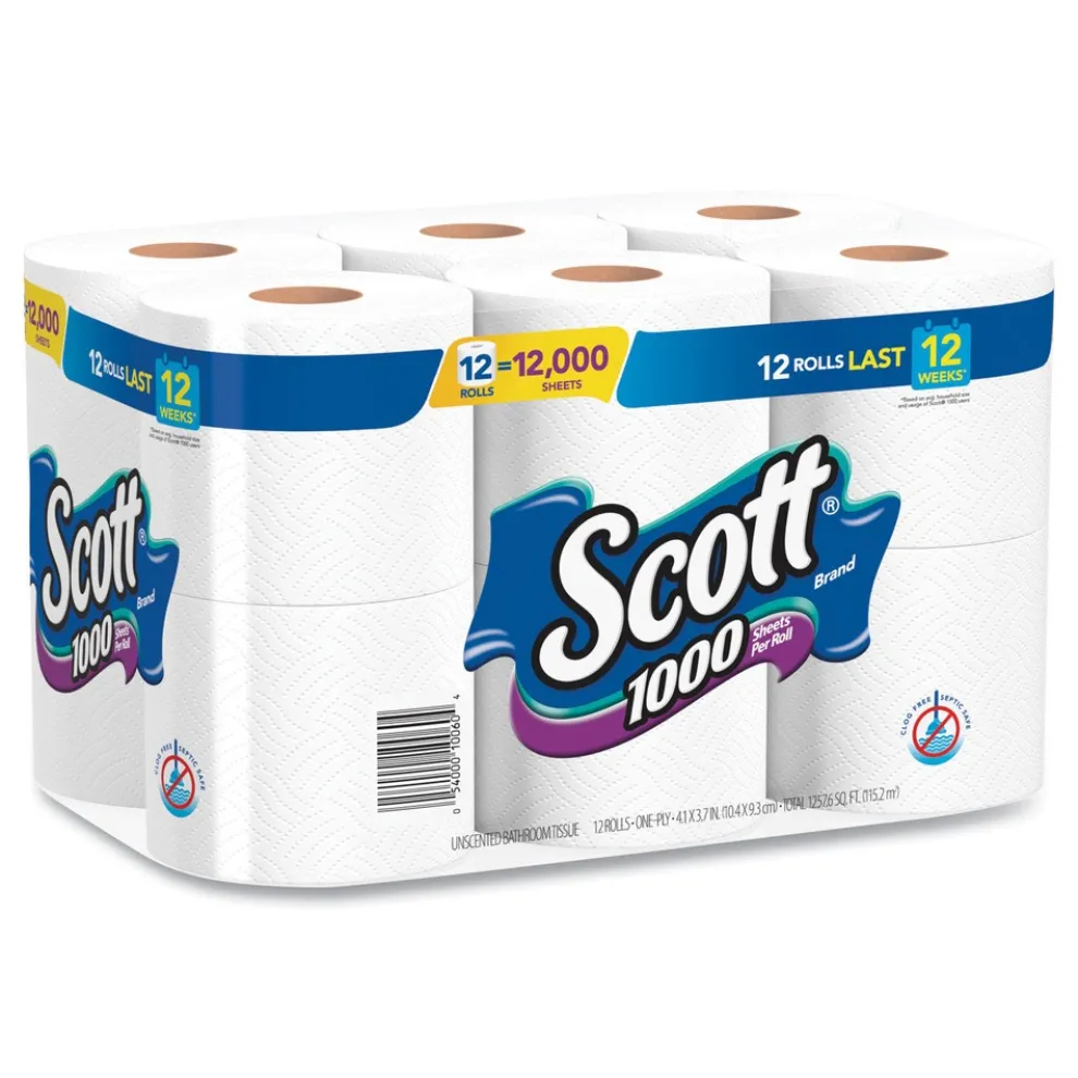 Scott 1-Ply 4.1 in. x 3.7 in. Septic Safe Toilet Paper - White (48/Carton)