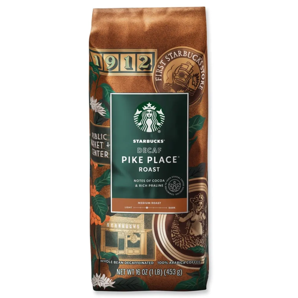 Starbucks SBK12540222CT 1 lbs. Bag Decaffeinated Whole Bean Coffee - Pike Place (6/Carton)