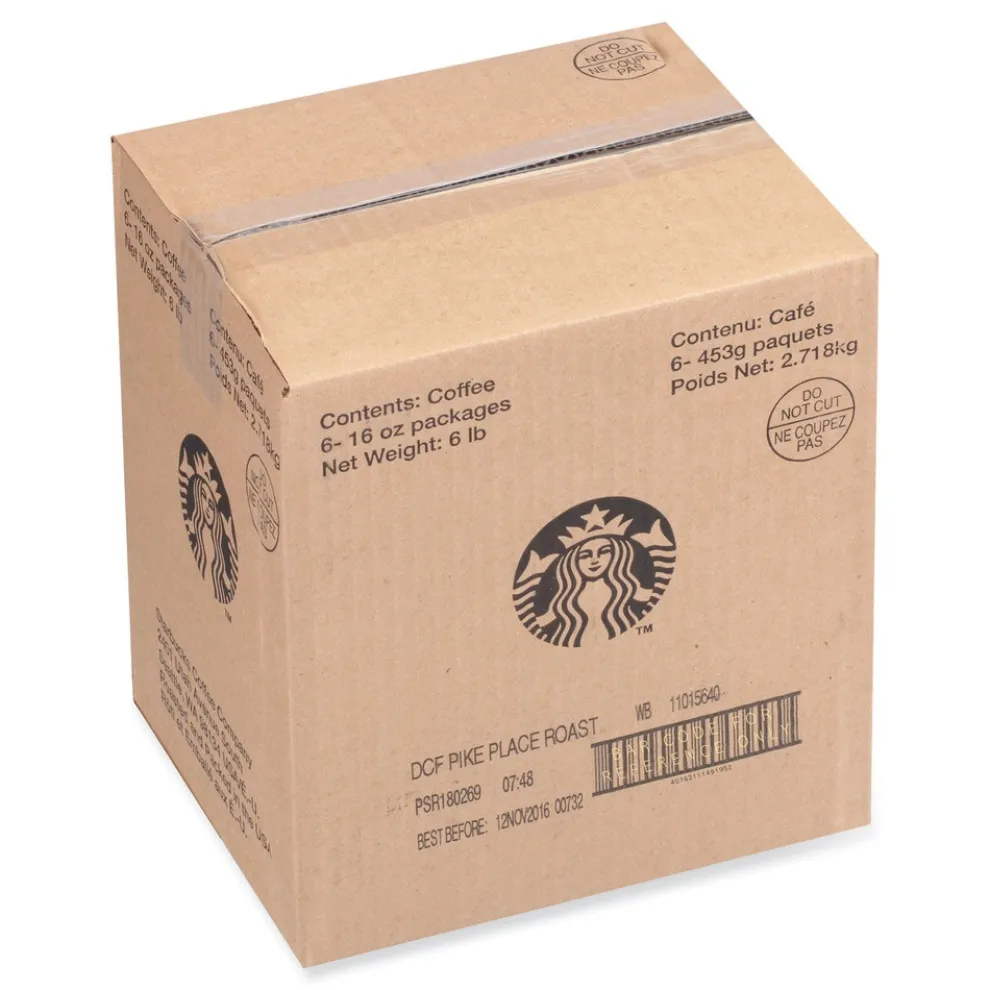 Starbucks SBK12540222CT 1 lbs. Bag Decaffeinated Whole Bean Coffee - Pike Place (6/Carton)