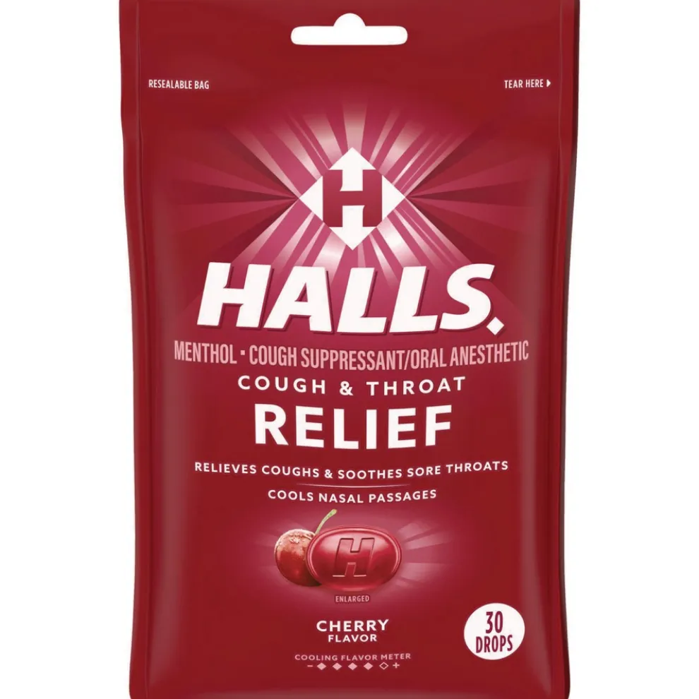 HALLS Triple Action Cough Drops - Cherry (30/Bag, 12 Bags/Box)