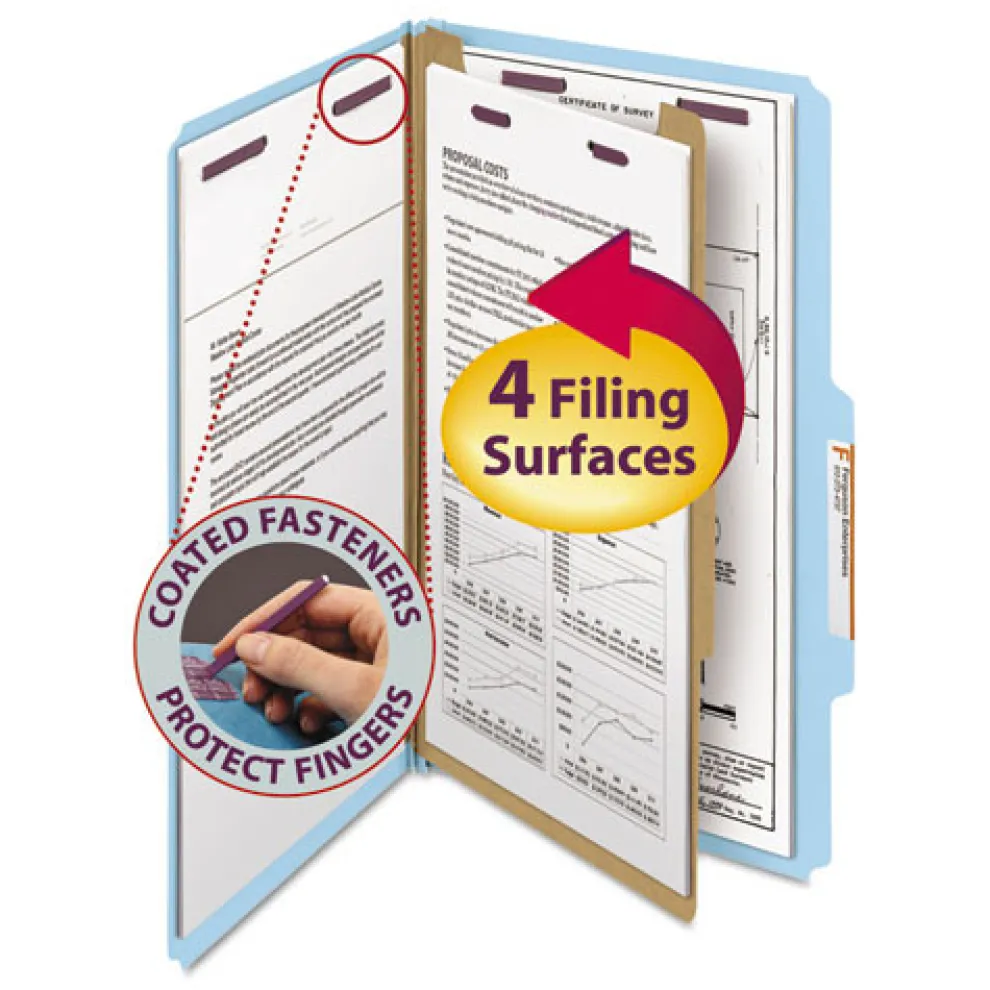 Smead 1 Divider Four SafeSHIELD Fasteners Legal Size Four-Section Pressboard Top Tab Classification Folders - Blue (10/Box)