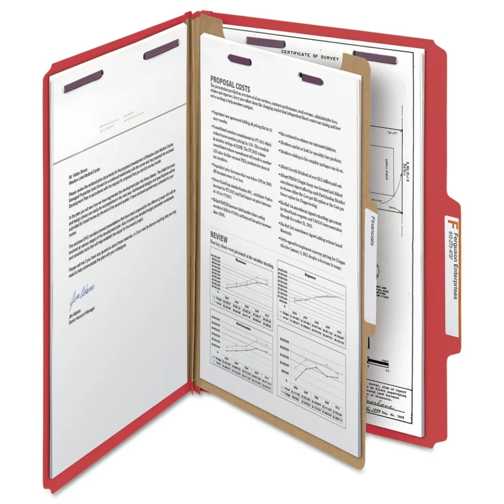 Smead 1 Divider Four SafeSHIELD Fasteners Legal Size Four-Section Pressboard Top Tab Classification Folders - Bright Red (10/Box)