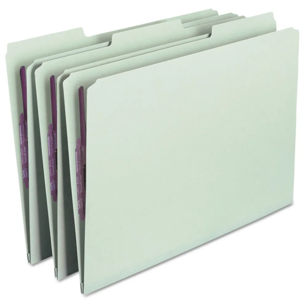 Smead 1 in. Expansion Recycled Pressboard 1/3-Cut Tab Fastener Folders with Two SafeSHIELD Fasteners - Legal Size/Gray-Green (25/Box)