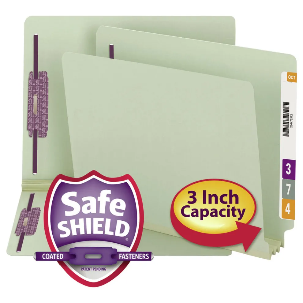 Smead 3 in. Expansion End Tab Pressboard Classification Folders with 2 SafeSHIELD Coated Fasteners - Letter Size/Gray-Green (25/Box)