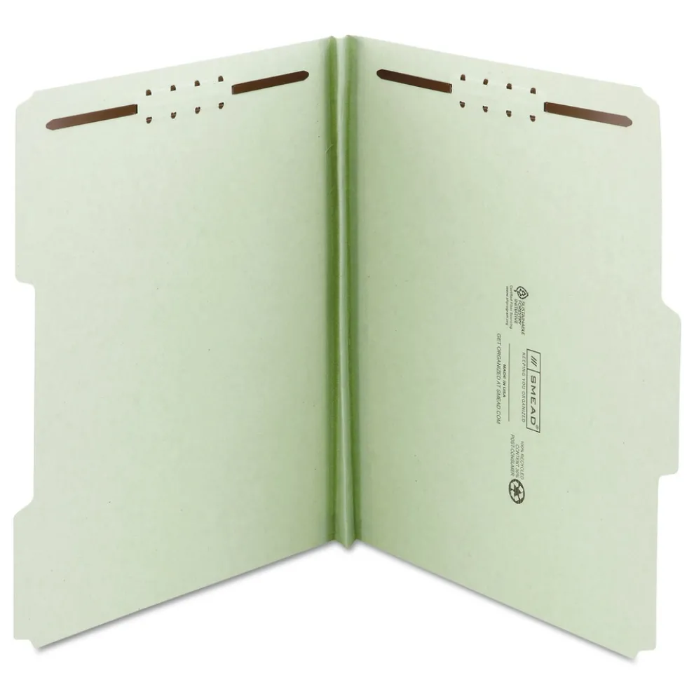 Smead 1 in. Expansion 2 Fasteners Legal Size Recycled Pressboard Fastener Folders - Gray-Green Exterior (25/Box)